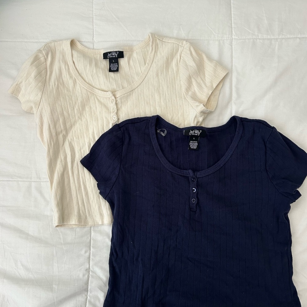 Cream and Navy Ribbed Button-Up Tops